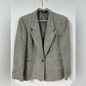 Vtg Women’s 16 Harris Tweed Scottish Wool Blazer USA White Jacket Herringbone